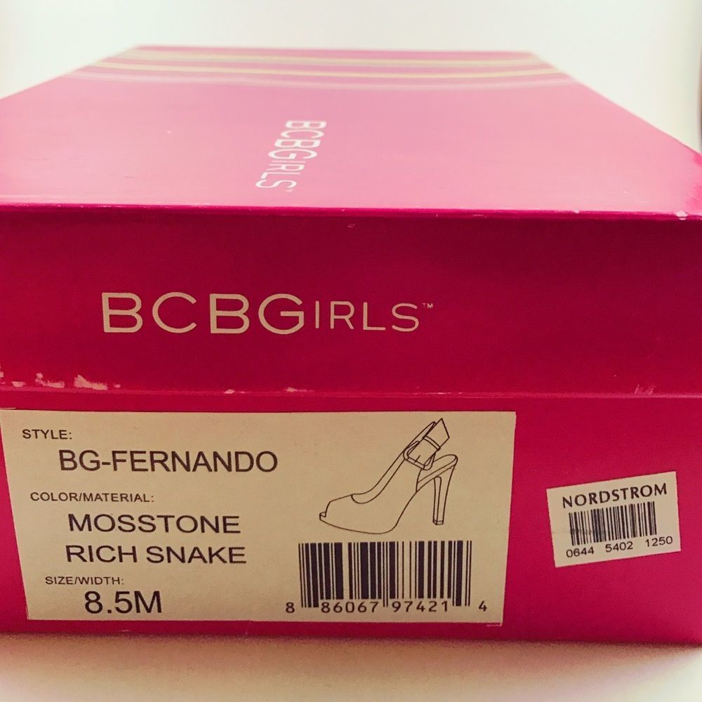 BCBGIRLS Sling Back Moss-tone Snakeskin Peep-toe - Picture 4 of 4